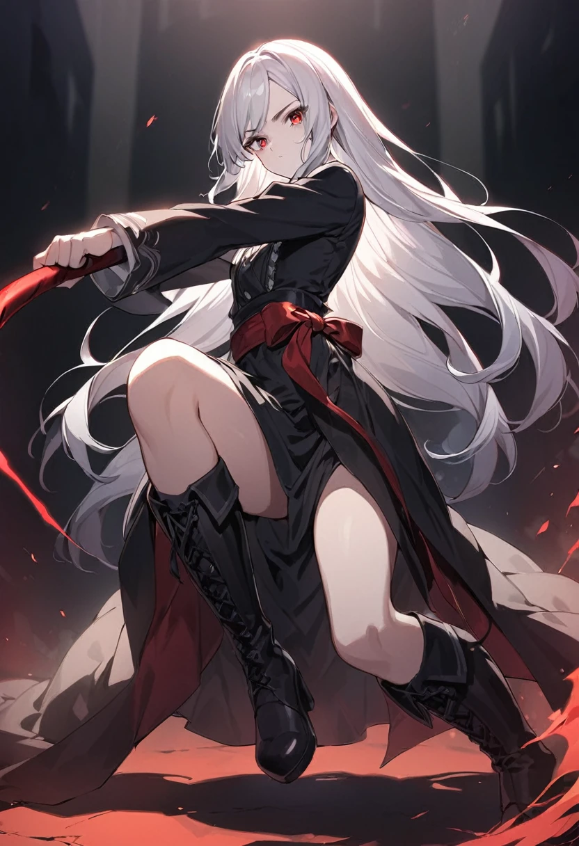 Girl, 20 years old, with long white hair down to below her waist, a serious yet tender expression, and red eyes. Her hair features black streaks. She wears antique-style clothing, a long black dress with a slit on the legs, and high black boots that almost reach her knees. Her power and background are related to shadows and darkness. dark escense, figth stance