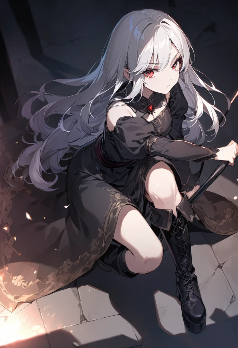 Girl, 20 years old, with long white hair down to below her waist, a serious yet tender expression, and red eyes. Her hair features black streaks. She wears antique-style clothing, a long black dress with a slit on the legs, and high black boots that almost reach her knees. Her power and background are related to shadows and darkness. dark escense, figth stance