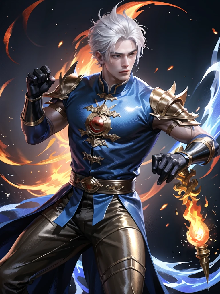 (Martial arts style works),(quality),(height) ,1 boy,light black eyes, Short, dark indigo white hair., alone,(Detailed background of a young boy),A handsome, cool and detailed face.,fire fairy tale,(fire dragon race),The body is muscular and shiny.,hand holding a fire sword,,light picture narration movie,Didn't see the view.,Not looking at the view.,light and shadow,Wear a handsome and cool traditional Chinese outfit with perfect details.,Wear a handsome black and red traditional Chinese outfit.,,on fire,, There was a subtle circle of black-red lights surrounding its back..holding a fire sword,Big muscles