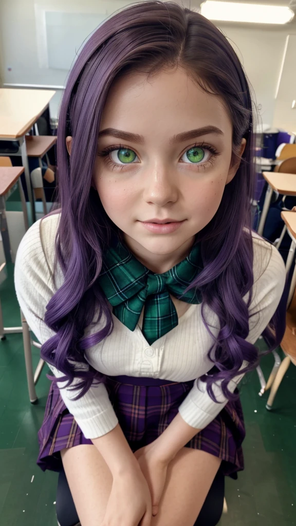 a young girl, big green eyes, round face, small nose, big lips, long purple hair, long eyelashes, pale skin, red cheeks, split chin, Green plaid skirt, long-sleeved white blouse, high socks, school shoes, in class room, in school, more students, naughty face, f/16, Canon, Fujicolor, ray tracing, from above, 16k, 8k, highres, best quality, award winning, high quality, high details, super detail, textured skin, anatomically correct, masterpiece, accurate