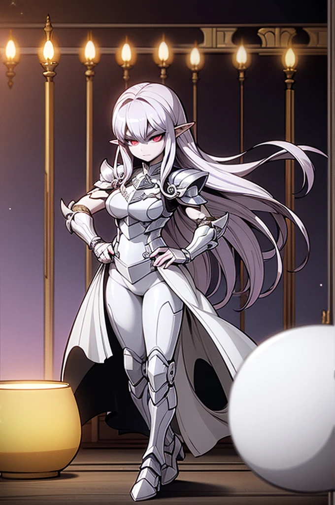 female elf knight, full body art, purple hair, white skin, red iris eye, knight full plate adorned armor, silver cape, perfectly detailed
