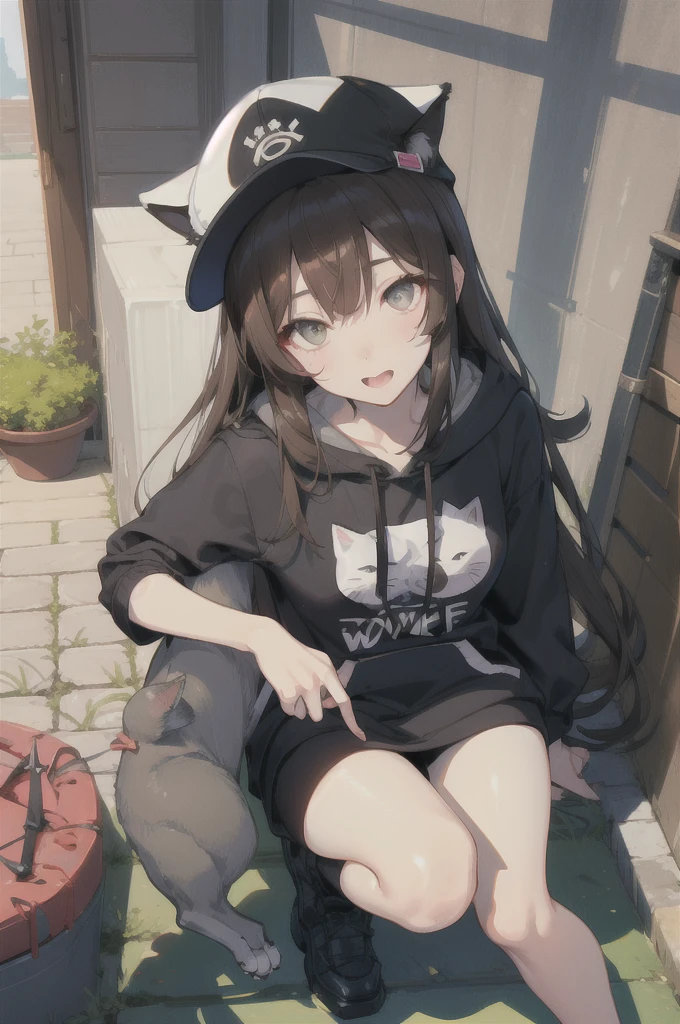 Brown Hair、Wolf Hair、The eyes are large、Long eyeliner、I like Shiba Inu, cats, and games.、The outfit is a grey hoodie and grey cap.longhair。