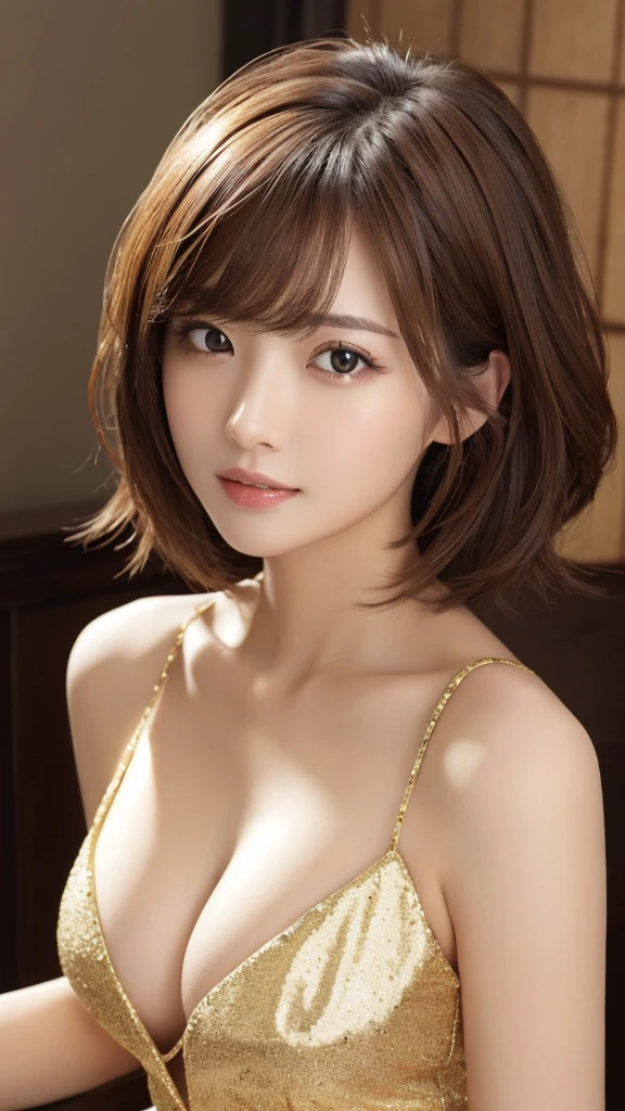 masterpiece、Highest quality、High resolution、Tabletop、wallpaper、Realistic、Bright lighting、Professional Lighting、Face Light、Smooth lighting、Japanese women、Adult、Beautiful woman、action、gravure、sexy、poor、so beautiful、Beautiful Skin、Beautiful and detailed、Detailed face、slim、moderately、short hair、Brunette colored hair、Brown eyes、Looking at the camera、I have a sax、Chest 39 inches、Cleavage