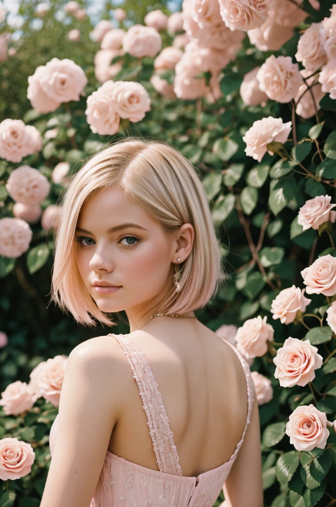 8K, photo and gross, fujifilm, Style photography of a beautiful young girl like Avril in a light pink rose garden. (very detailed skin: 1.2) Style-Petal BREAK short hair, blonde hair with colored highlights, wearing a dress, film grain, 35mm, beautiful style
