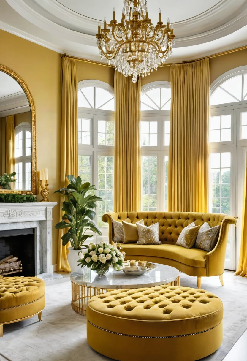 Luxurious living room with opulent gold and mustard décor, featuring a large crystal chandelier, ornate gold fixtures, and a tufted circular ottoman. Large sectional sofa with matching throw pillows surrounds a round marble coffee table. Floor-to-ceiling windows are adorned with elegant drapes, complemented by a gold-framed mirror and a fireplace. Lush plants and floral arrangements enhance the sophisticated ambiance.