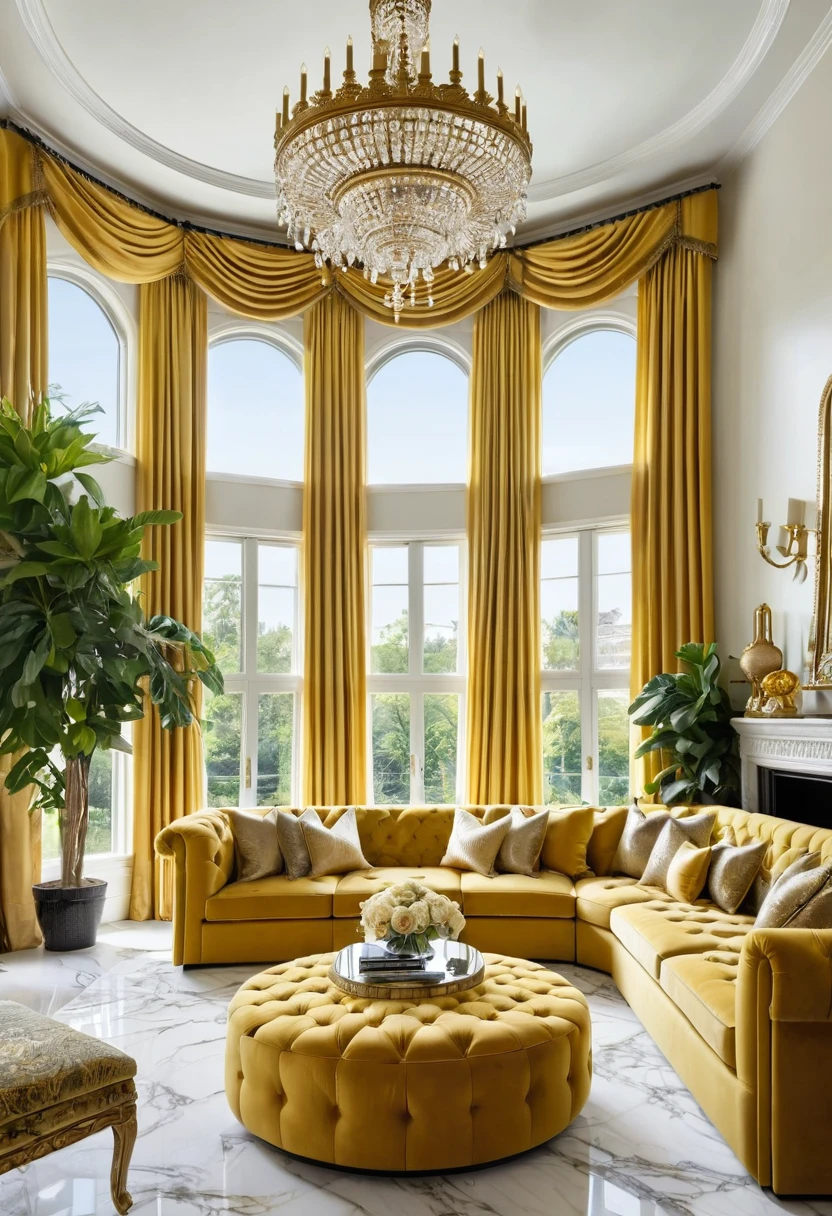 Luxurious living room with opulent gold and mustard décor, featuring a large crystal chandelier, ornate gold fixtures, and a tufted circular ottoman. Large sectional sofa with matching throw pillows surrounds a round marble coffee table. Floor-to-ceiling windows are adorned with elegant drapes, complemented by a gold-framed mirror and a fireplace. Lush plants and floral arrangements enhance the sophisticated ambiance.