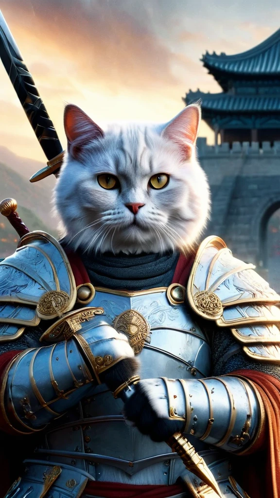 official art, unified 8k wallpaper, super detailed, Beautiful and beautiful, masterpiece, best quality, to movies《fast and furious》style of，Real-life scenarios，Epic war scenes，(a white British Shorthair Cat warrior:1.4)，(full body:1.2), Put on exquisite armor，holding a longsword，In battle，The Great Wall background，Cool colors，texture，Ray tracing，