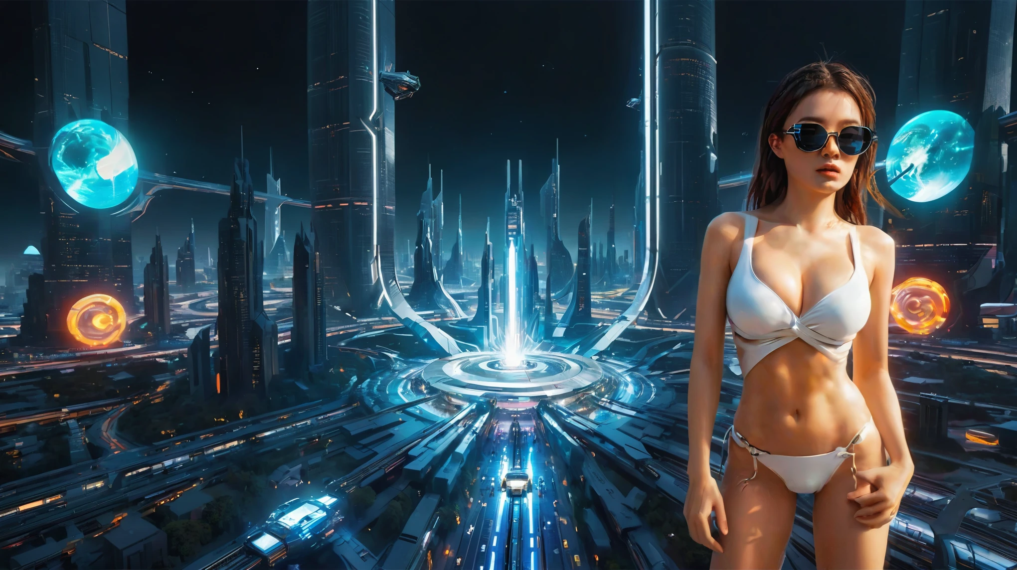 Brightly colored abstract aerial view image of a futuristic railway station with a spiral, a (((((futuristic all-glass train))))) passing by, epic beautiful space sci-fi, chaotic cinematic space rift, Greg Beeple, planets colliding, Beeple and Tim Hildebrandt, Beeple and Jean Giraud, end of the universe, (((((giant abstract sculpture))))), galaxy space sci-fi, ringworld, by Mike "Beeple" Winkelmann. Matrix style, (((((Matrix cascading code))))), (((((a futuristic twin tower skyscraper with a unique twisted design))))), (((((OLED GUI interfaces in the building))))), at night, (((((1girl, solo))))), photo realistic, (((large-breast:1.1 slim body, cleavage:1.4))), (((off broken mini sling-shirt and black sling bra, extreamly short pleated miniskirt exposing panty))), (((((running pose))))), (((((((matrix style black micro sunglasses))))))), ((((((((((aiming with a short gun)))))))))), (((((looking at camera))))), (((very low view))), (((((half-body thigh level medium shot))))), (((cinematic lighting))).