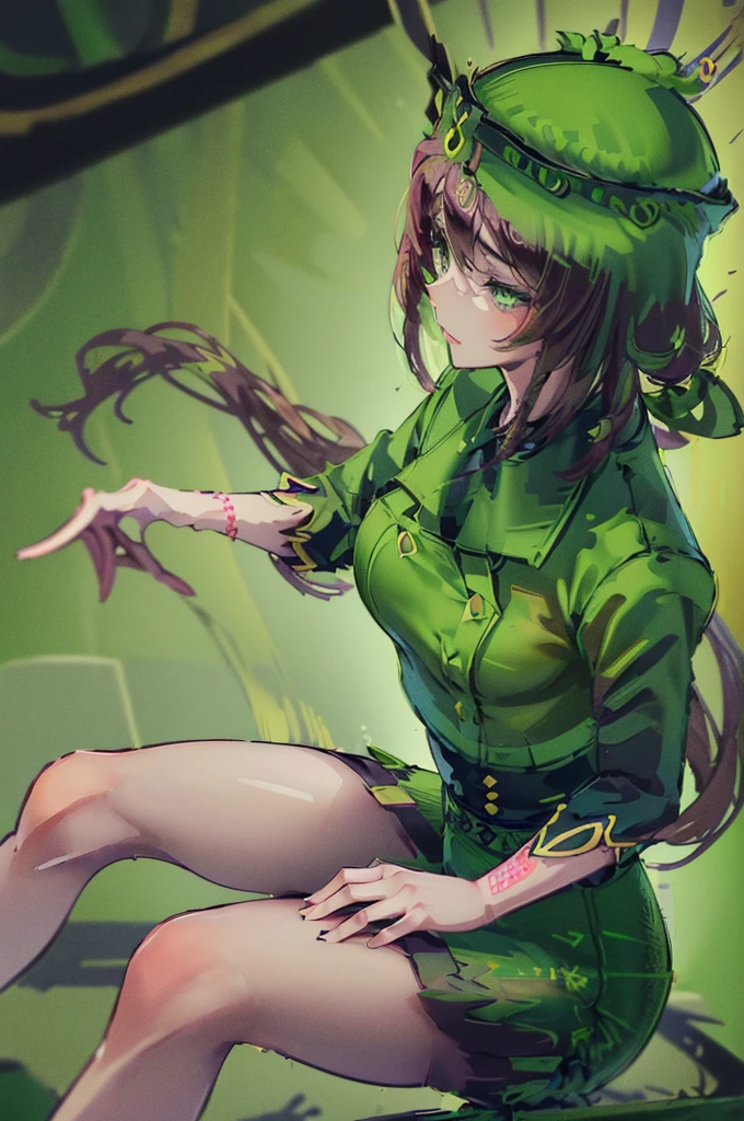 high quality, masterpiece, detailed, Touhou, Moriya Suwako, (green latex suit), The clothes fit perfectly, latex has a strong metallic sheen, Glossiness, shiny, sweat, steamy, whole body slimy, blond hair, yellow eyes, sidelocks, red hair ribbon, straw hat, lewd face, Spread legs, Close-up on crotch