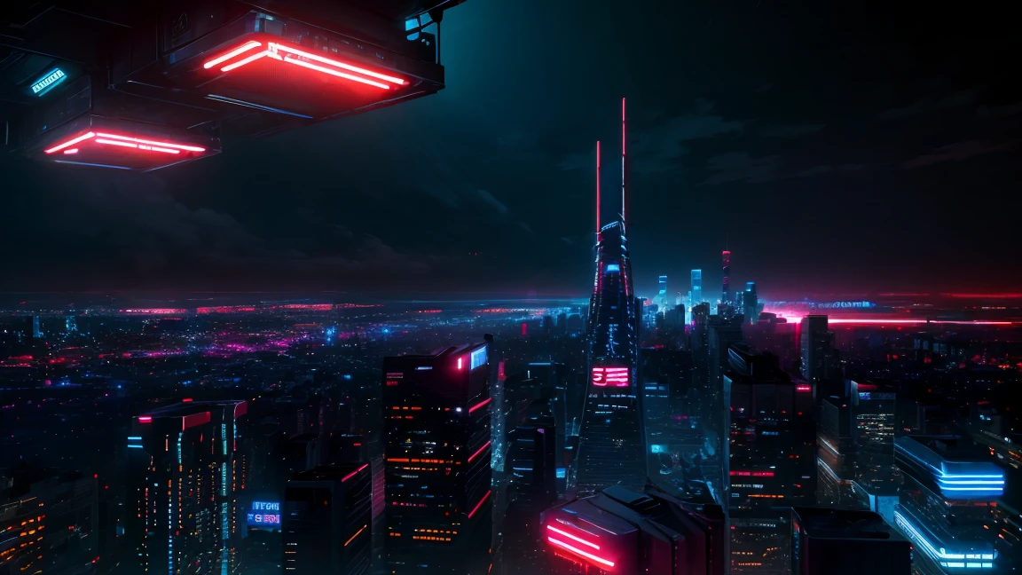 (Tech Black, dystopia:1.2), Overcrowded cities, skyscraper, neon lights blue and red, captivating beauty, masterpiece, highest quality, realistic digital art, detailed background, 8k wallpaper