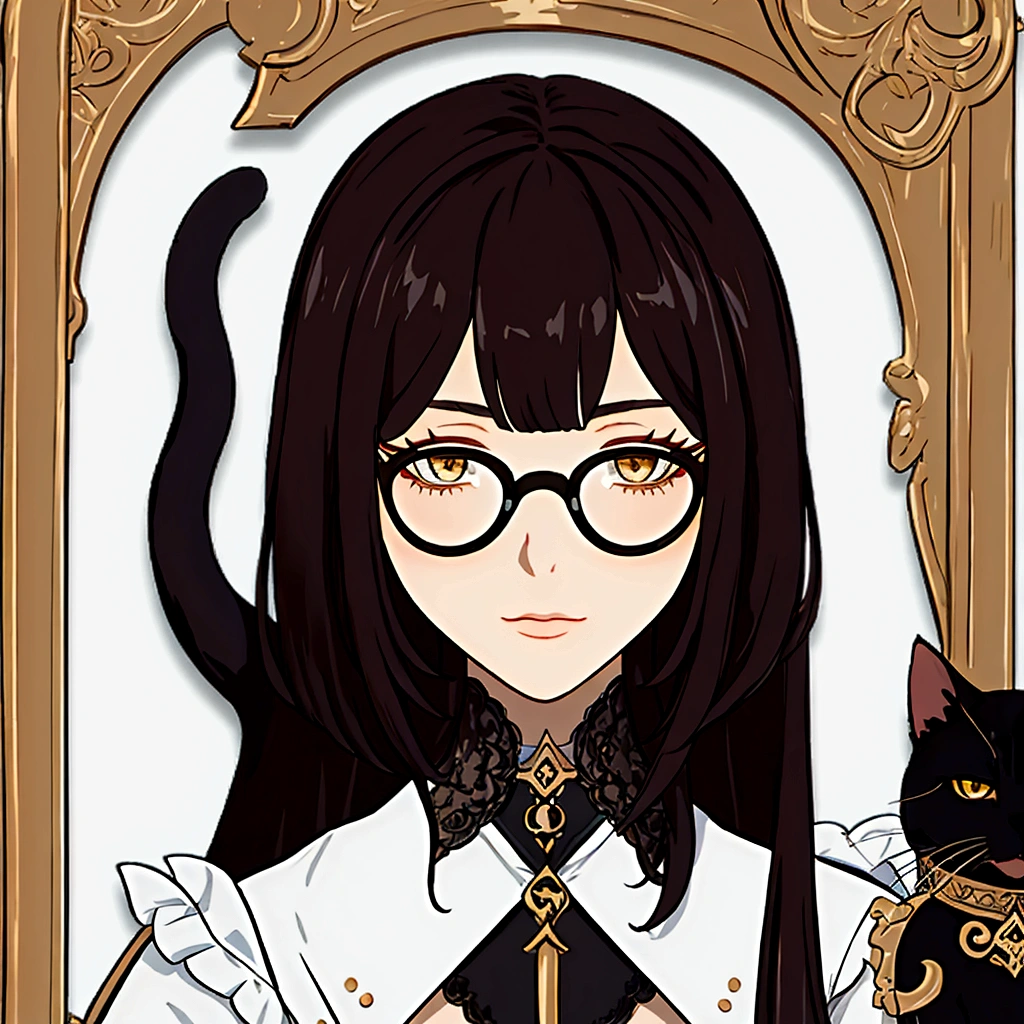 masterpiece, best quality, simple background, portrait, solo, 1cat, man, 21 years, glasses, black cat hair, white points
