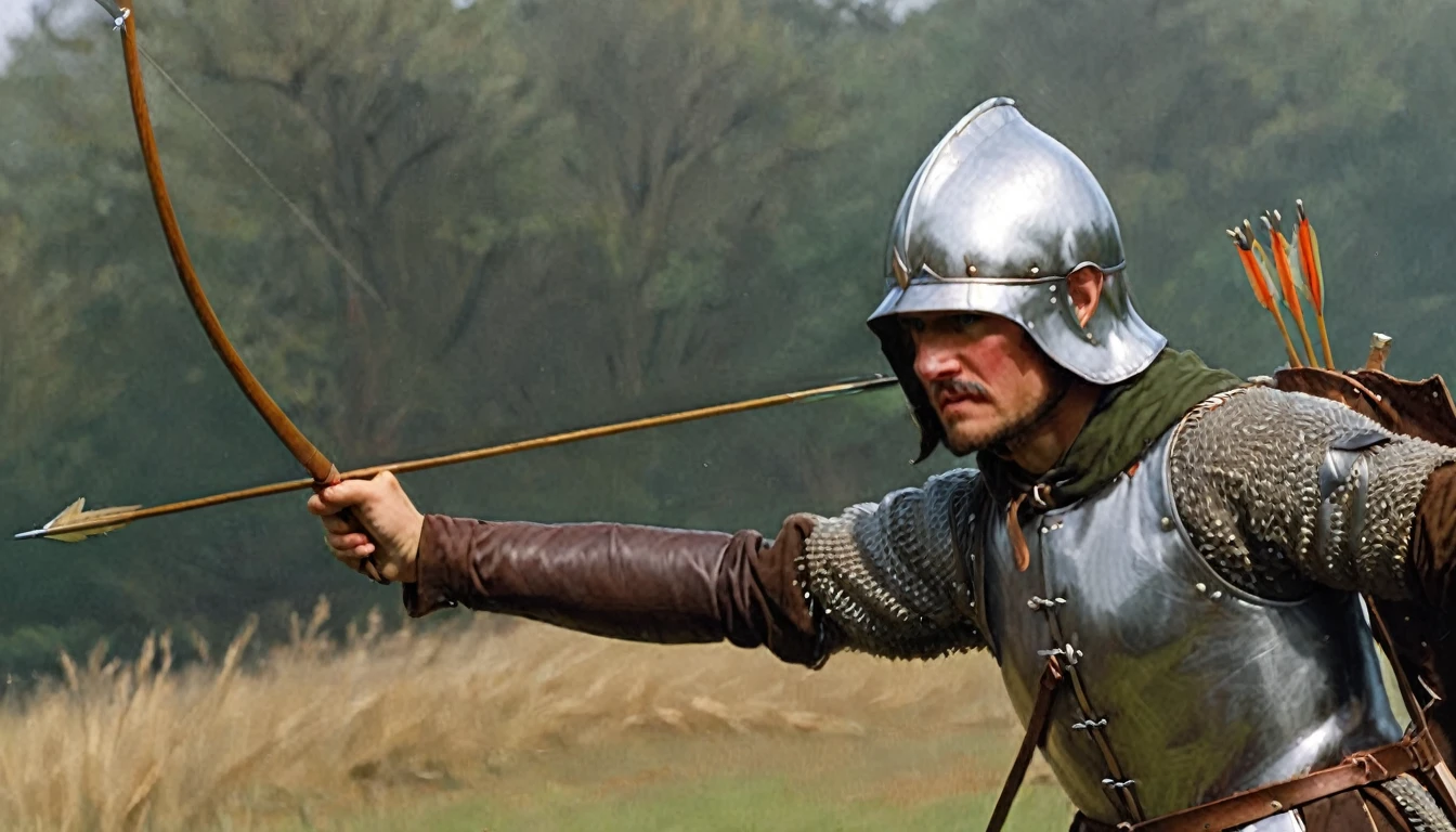 14th century, close-up of an English longbowman. The archer is wearing chain mail under a padded leather jerkin, with a gorget protecting his neck. He wears a simple iron helmet and a cloth hood. On his back hangs a quiver full of steel-tipped wooden arrows. His long bow, made of yew, is tall and curved, with a taut linen rope. The archer holds an arrow, ready to shoot, with a focused and determined expression on his face. The background shows a diffuse battlefield, focusing all attention on the details of their clothing and equipment., Hyperrealism, UHD, retina, masterpiece, accurate, anatomically correct, textured skin, super detail, award winning, 8k
