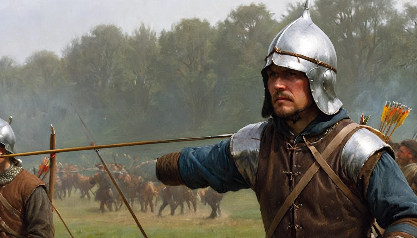 14th century, close-up of an English longbowman. The archer is wearing chain mail under a padded leather jerkin, with a gorget protecting his neck. He wears a simple iron helmet and a cloth hood. On his back hangs a quiver full of steel-tipped wooden arrows. His long bow, made of yew, is tall and curved, with a taut linen rope. The archer holds an arrow, ready to shoot, with a focused and determined expression on his face. The background shows a diffuse battlefield, focusing all attention on the details of their clothing and equipment., Hyperrealism, UHD, retina, masterpiece, accurate, anatomically correct, textured skin, super detail, award winning, 8k
