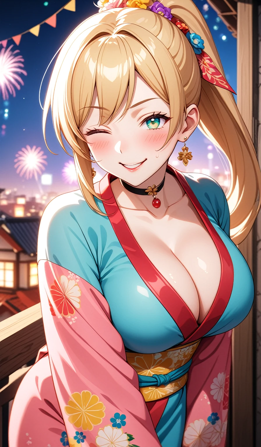 ((one personの女性)), Beautiful Face,Laughing embarrassedly,((one eye closed:2.0)),Laugh with your mouth wide open((Bright red cheeks:1.4)),Glossy pink lips,night,rooftop,Festive decorations,You can see the ocean, firework,Laughing with your mouth open,Glossy pink lips,Lighting on the face,((Anime style background)),masterpiece, Highest quality, so beautiful,Latest, complex details, (Pink long nails),(ring),(bracelet),(choker),AI-generated, complex,High resolution, Highest quality, super high quality,3D Images、View your viewers、3D Images,one person,Long blonde hair,High Ponytail,(Turquoise Eyes),Anime woman posing for a photo, ((Fine grain、Colorful Eyes、Shining Eyes:1.4)),(Squint your eyes:1.4),a hyperRealistic , hyperRealistic , Realistic,Anime woman with long and white hair, Smooth anime CG art, A woman in a colorful kimono with gold embroidery, (Pink long sleeve kimono),Red floral pattern,Long flower hair ornament,big floral earrings,Mature Body,(Big Breasts:1.1),Tall,Abdominal muscles,Narrow waist,(Zoom in on face:1.7),Shooting from below at an angle