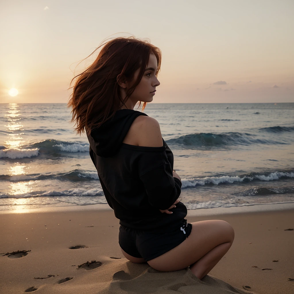 (((Masterpiece))), 25-year-old Caucasian French girl with shoulder-length messy red hair, adorned with crystal glow, blooming hair akin to . Certainly!
A silhouette of a girl standing with her back to the camera.she is sitting on the beach, in front of her there is the sea, there is sunrise, there is a bottle of wine next to her, wearing a hoodie, black shorts,