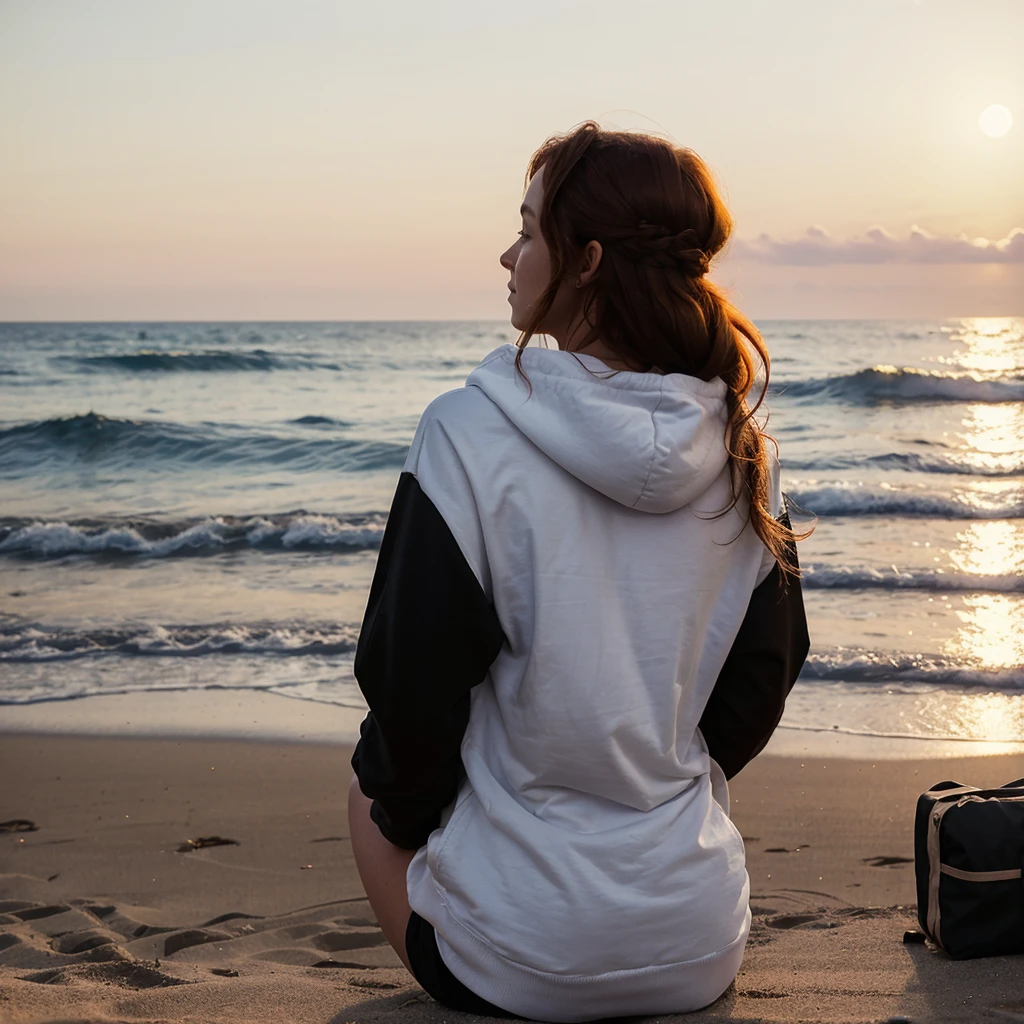 (((Masterpiece))), 25-year-old Caucasian French girl with shoulder-length messy red hair, adorned with  crystal glow, blooming hair akin to . Certainly!

A silhouette of a girl standing with her back to the camera.she is sitting on the beach, in front of her there is the sea, there is sunrise, there is a bottle of wine next to her, wearing a hoodie, black shorts,