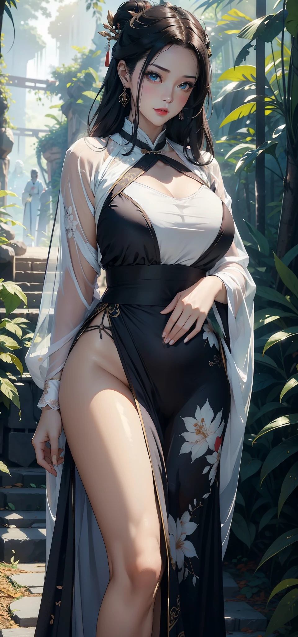 1 female，35 years old，Slim，Very large ，Big breasts and thin waist，Long legs， Solitary，（background：，Cherry blossom forest，Rainforest）running， She has short blonde hair，Front view， curls，Cloudy sky，（（（masterpiece），（Very detailed CG unified 8K wallpaper），best quality，Light，详细background，Beautiful and delicate eyes，Smart pupils，black eyes，Snow-white skin，Red lips（very delicate and beautiful），（Beautiful and detailed description of the eyes），Ultra Detailed，masterpiece，））Facing the camera，high resolution，Ultra Detailed），nude，Chinese bride，Put on red cheongsam