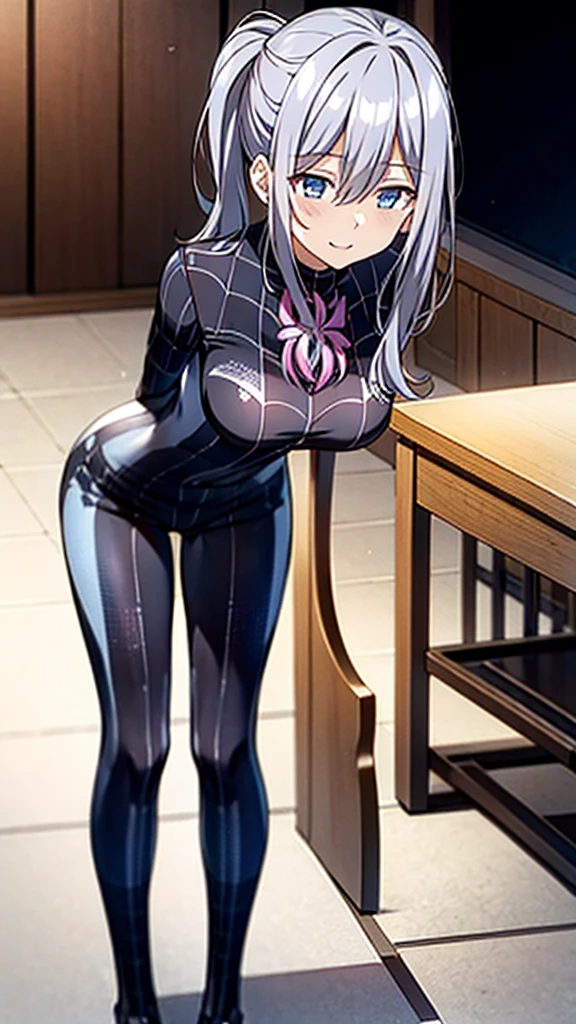 masterpiece, Highest quality, 8K, High resolution, One girl,queen murasame, long hair, blue eyes, grey hair, side ponytail,night, Captivating smile,Beautiful and detailed body,fine grain,classroom,Table Sex,Groin friction,Masturbation,A puddle of pussy juice,From below,Moaning,close your eyes,Open your mouth,arm_support,(Leaning forward:1.5),