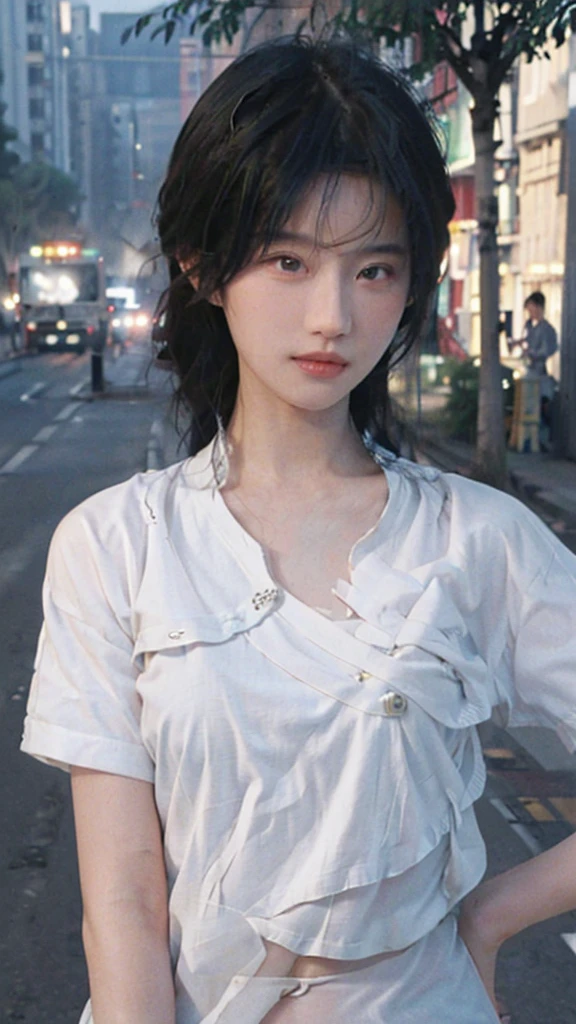 ((best quality, 8K, masterpiece: 1.3)), sharp: 1.2, Perfect body beauty: 1.4, Slim abdominal muscles: 1.2, ((Layered Hairstyle, :1.2)), (White Button Short Sleeve Shirt: 1.1), (street: 1.2), wet: 1.5, Highly detailed face and skin textures, Beautiful eyes, Double eyelids, Looking at the camera