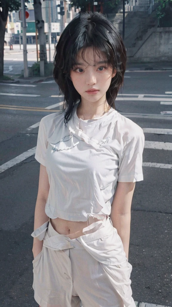 ((best quality, 8K, masterpiece: 1.3)), sharp: 1.2, Perfect body beauty: 1.4, Slim abdominal muscles: 1.2, ((Layered Hairstyle, :1.2)), (White Button Short Sleeve Shirt: 1.1), (street: 1.2), wet: 1.5, Highly detailed face and skin textures, Beautiful eyes, Double eyelids, Looking at the camera