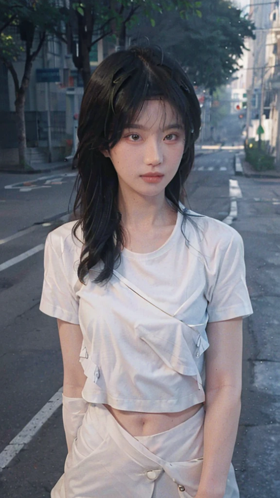 ((best quality, 8K, masterpiece: 1.3)), sharp: 1.2, Perfect body beauty: 1.4, Slim abdominal muscles: 1.2, ((Layered Hairstyle, :1.2)), (White Button Short Sleeve Shirt: 1.1), (street: 1.2), wet: 1.5, Highly detailed face and skin textures, Beautiful eyes, Double eyelids, Looking at the camera