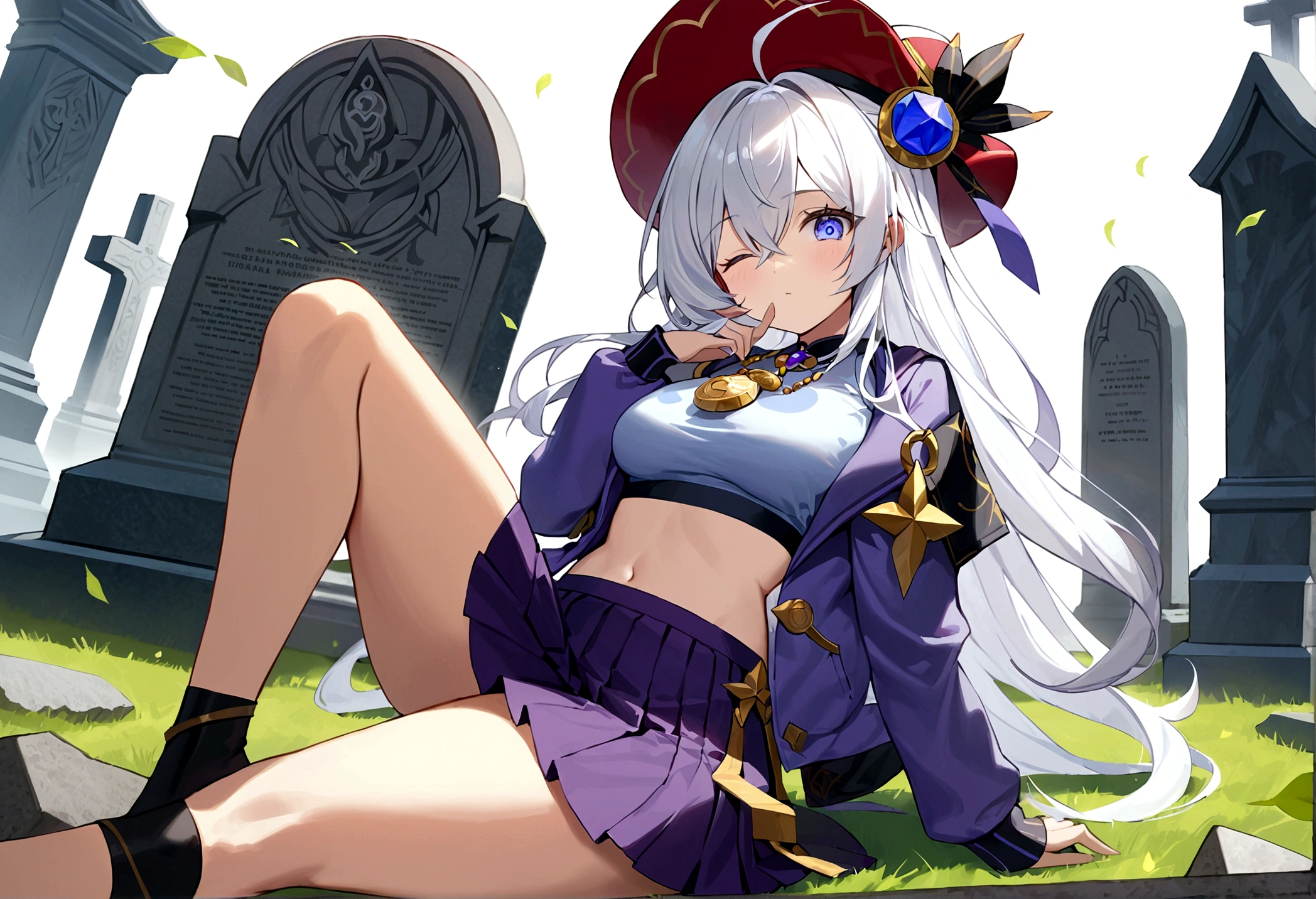 ((Best Quality, 8K, Masterpiece: 1.3)), 1girl, Beauty: 1.3, (Hairstyle Casual,) sitting on a gravestone, worms eye view, looking down at the viewer. Super Fine Face, sexy. The image features an animated character with a whimsical and fantastical design. The character has long, flowing white hair with a hat on the top of their head and a paper talisman like qiqi has from genshin impact. Their eyes are a golden hue, and they have a serene expression on their face. The character is wearing a purple baggy jacket that seems to be covered in patches and sown together. a short purple skirt and crop top accentuate her curves and the talismans covering her arms and legs. The outfit has red lining. Additionally, the character is followed by what appears to be a blue flame or energy. skin color is a pale almost dead color