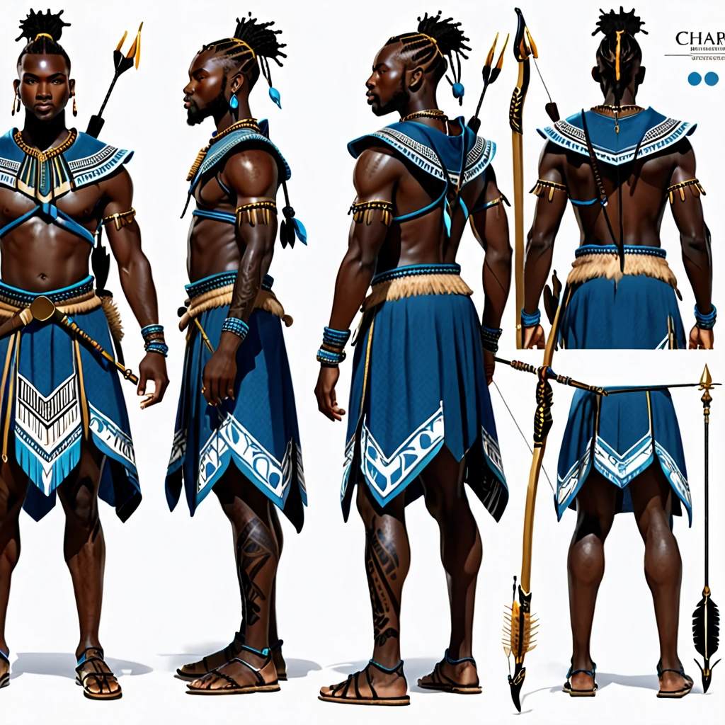 character reference sheet {Realistic character design sheet of a Black man with blue tribal african warrior clothes holding a sword and bow and arrow, multiple views including front, side, back and 3/4, afrofuturism, ultra quality, higly detailed, african god of hunt