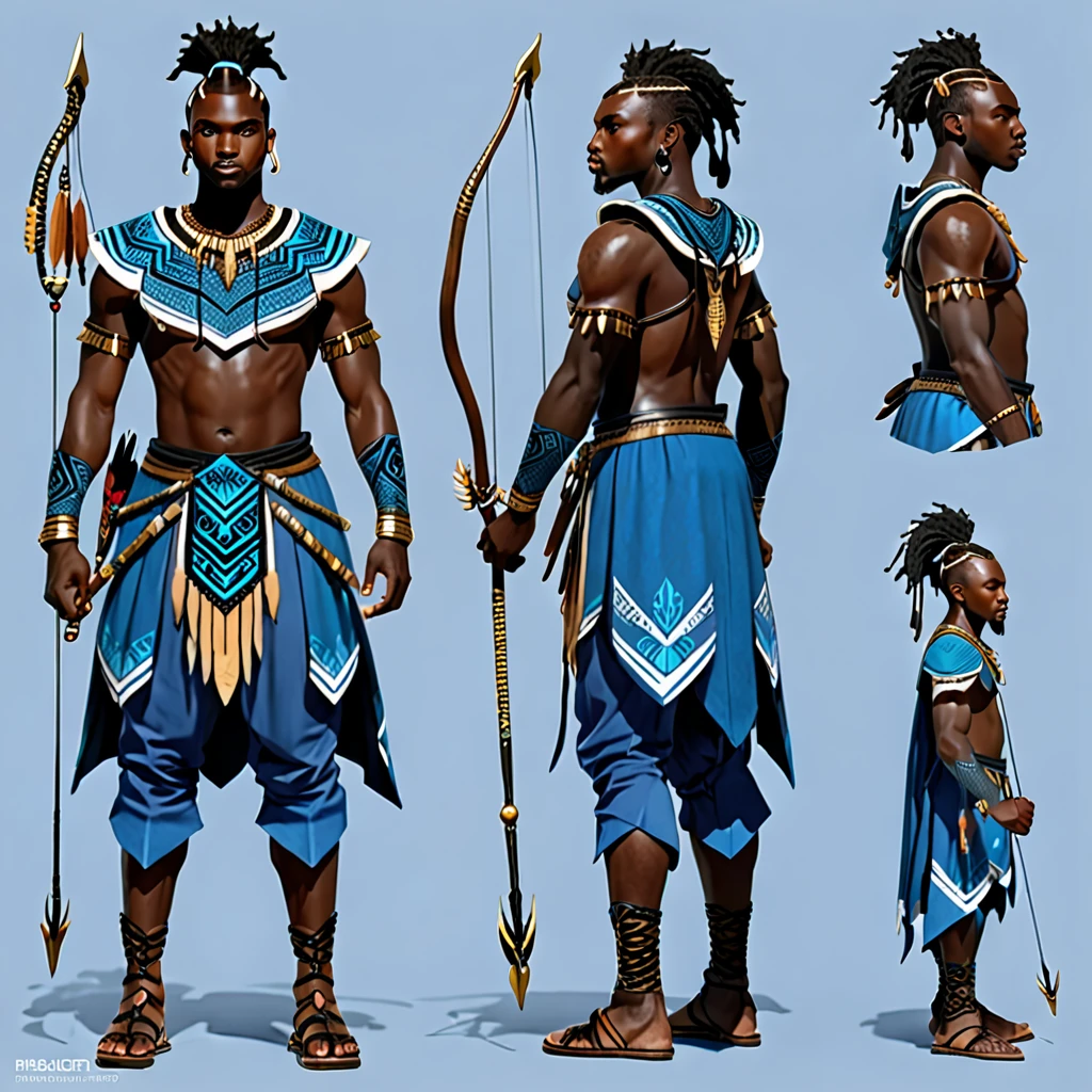 character reference sheet {Realistic character design sheet of a Black man with blue tribal african warrior clothes holding a sword and bow and arrow, multiple views including front, side, back and 3/4, afrofuturism, ultra quality, higly detailed, african god of hunt