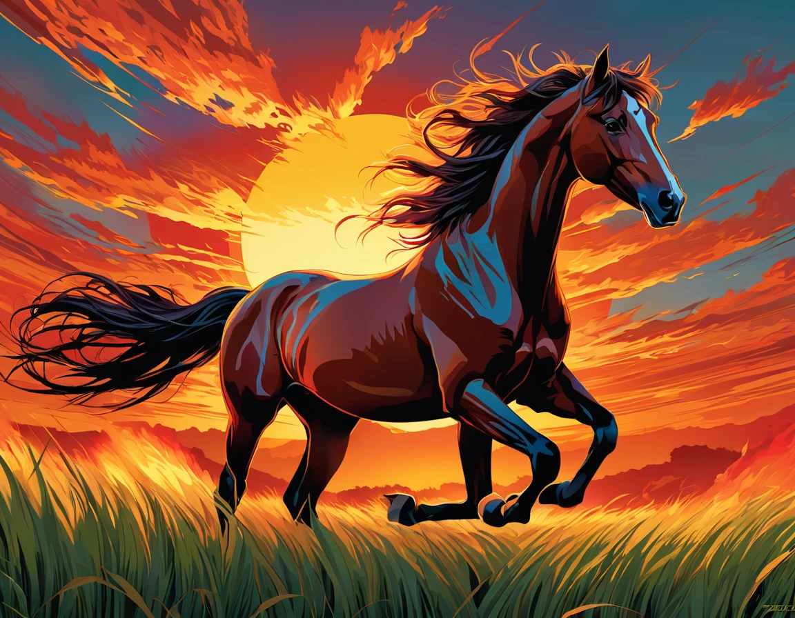 stylized, digital artwork featuring a majestic horse galloping across a field during a sunset. The sky is painted with warm hues of orange, yellow, and red, with the sun in low on the horizon. The horse is depicted in a dynamic pose, with its mane flowing behind it. Its body is muscular and well-defined, with a glossy coat that reflects the light of the setting sun. The horse's eyes are focused and intense. The field is filled with tall grass that sways in the wind, adding to the sense of motion. The grass is rendered in shades of green and brown, with some areas appearing to be on fire, which could be an artistic choice to emphasize the intensity of the scene. The overall style of the artwork is reminiscent of comic book art, with bold lines and a limited color palette that enhances the dramatic effect of the scene. Art by Dechko Uzunov, highly detailed vector art, red dead redemption art style, in the sunset, fire and flames mane, dark horse comics, digital horse, martin ansin, by Evan Charlton, sunset!, by Eddie Mendoza, sunset illustration, featured art, full color digital illustration