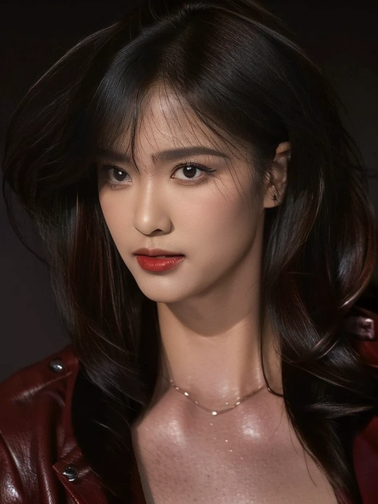 best quality, realistic, black background, KristannaTX, (a female Indonesian supermodel), (spread arms:1.0), (wine red leather jacket) (buttoned jacket:1.1), seductive smile, (dark hair), (updo:1.0), perfect eyes, sharp details, detailed face, (face makeup), (cheeks blush), (eyeliner), (eyeshadows), (lip gloss:1.0), cleavage, d cups breasts, (dark), (shadows), (macro photography:1.1)