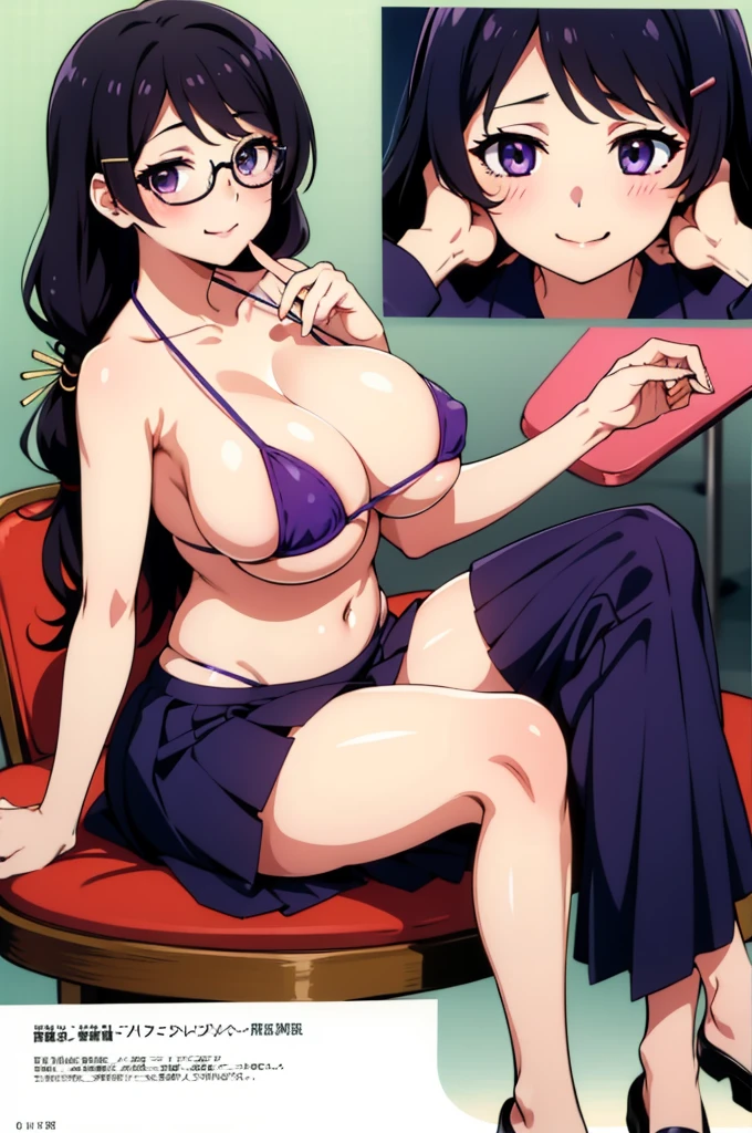 Highest quality, High resolution, One girl, (Huge breasts:1.2), , skirt, School, blush, smile,  Mouth closed, Sitting, Chair, hanekawa tsubasa, Long Hair, Black Hair, hair ornaments, (Purple eyes:1.1), Braiding, Hair Clip, twin Braidings, Glasses,　Micro Bikini　Spread your legs　Almost naked　Bitch　Inviting ejaculation　Ahegao