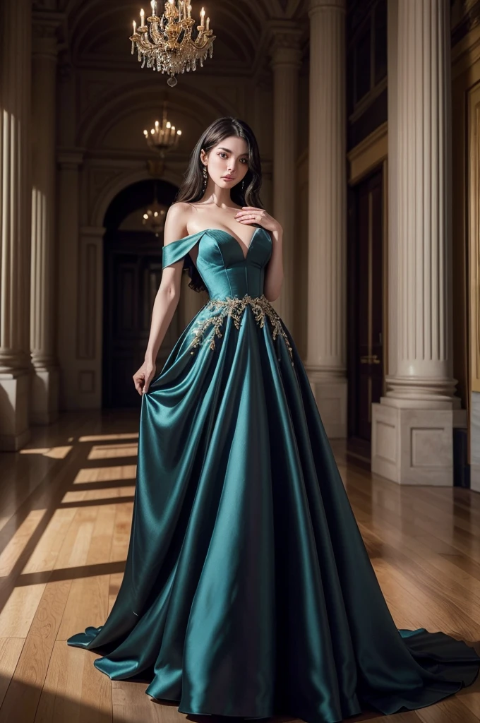 Create a stunning image of a woman wearing a luxurious evening dress. The dress should be a perfect blend of elegance and sophistication, flowing gracefully to the floor with a slight train. It should feature a deep, rich color like midnight blue or emerald green, with delicate embroidery or beading that catches the light. The bodice should be form-fitting, accentuating her silhouette, with an off-the-shoulder or sweetheart neckline to add a touch of romance. The fabric should be high-quality, such as silk or satin, with a subtle sheen that gives the dress a glamorous look. She should be standing in a beautifully lit room, perhaps a grand ballroom or a lavish hall, with soft lighting that highlights the intricate details of the dress, golden dress