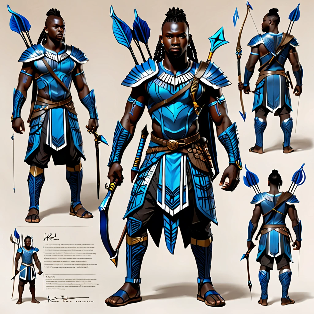 character reference sheet {Realistic character design sheet of a Black man with blue tribal african warrior clothes holding a sword and bow and arrow, multiple views including front, side, back and 3/4, afrofuturism, ultra quality, higly detailed, african god of hunt