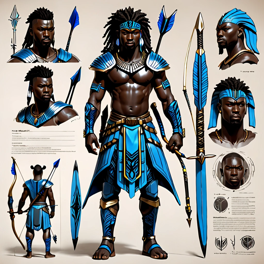 character reference sheet {Realistic character design sheet of a Black man with blue tribal african warrior clothes holding a sword and bow and arrow, multiple views including front, side, back and 3/4, afrofuturism, ultra quality, higly detailed, african god of hunt