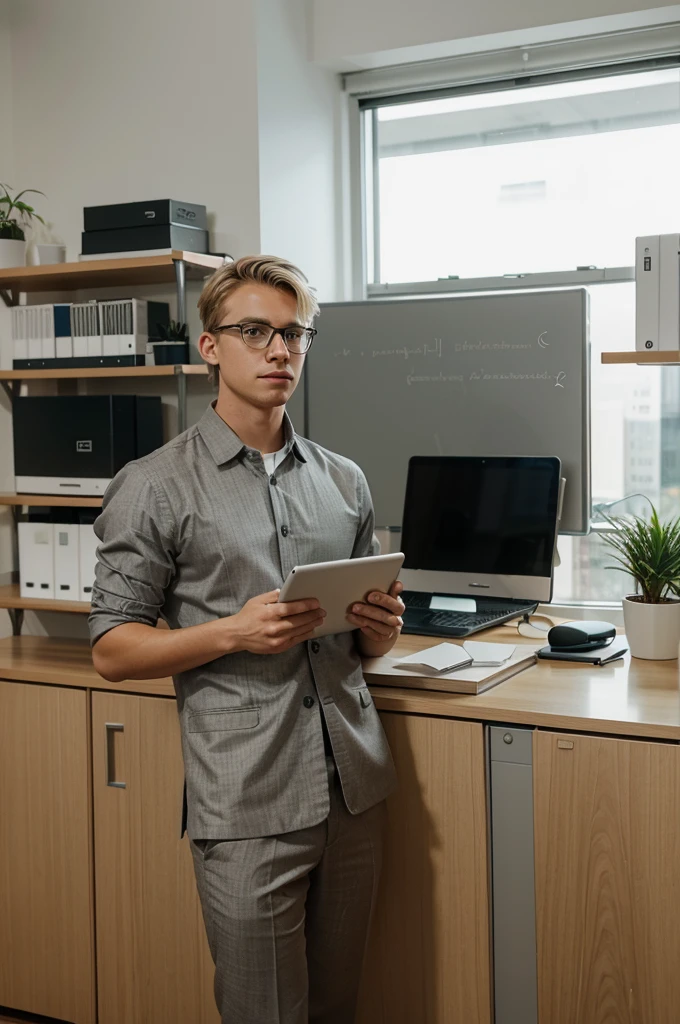 A young man with short blond hair is working diligently at his modern, minimalist office desk. He is wearing a well-fitted grey suit and stylish glasses. The office space is bright and spacious with large windows letting in natural light. On the desk, there are a laptop, some documents, a coffee cup, and a smartphone. In the background, there are shelves with neatly arranged books, a few green plants, and a whiteboard with some business charts. The young man is focused on his work, typing on the laptop, exuding professionalism and energy.
