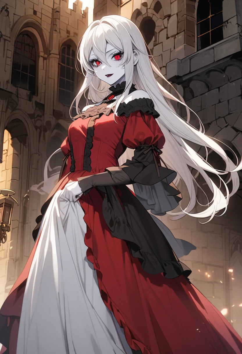 (A vampire), (Eyes red), (white hair), (period dress), (Woman), (face perfect), (pale skin), (Vestido longo), (Not Sexy), (vestido preto), (Castelo).
