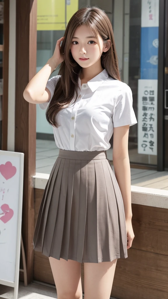 Japanese、18-year-old、high school girl、White shirt、Grey pleated mini skirt、long hair、Brown Hair、