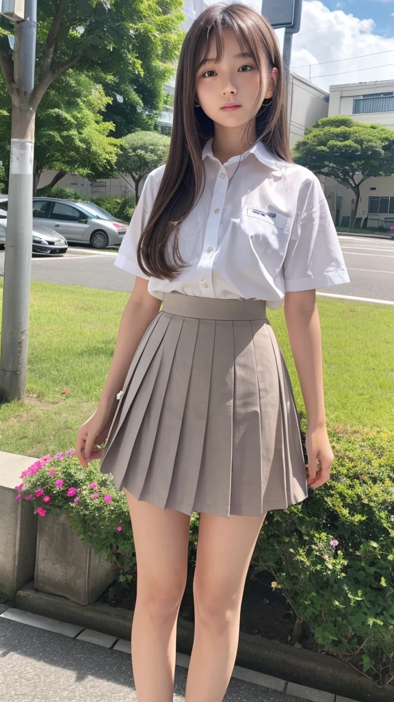 Japanese、18-year-old、high school girl、White shirt、Grey pleated mini skirt、long hair、Brown Hair、