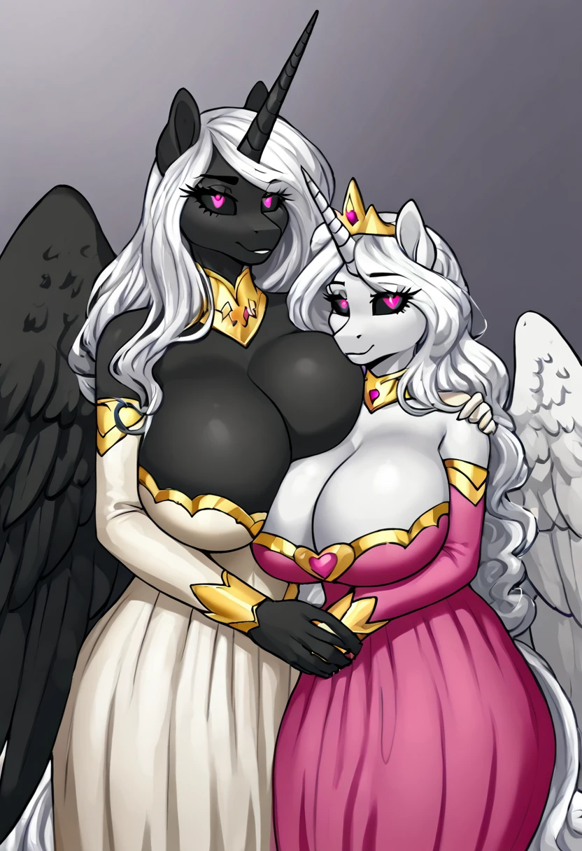 Alicorn princess, white mane,black sclera ,black body color long flowing mane pink horny heart eyes anthro huge breasts beautiful outfit
Mother and daughter together