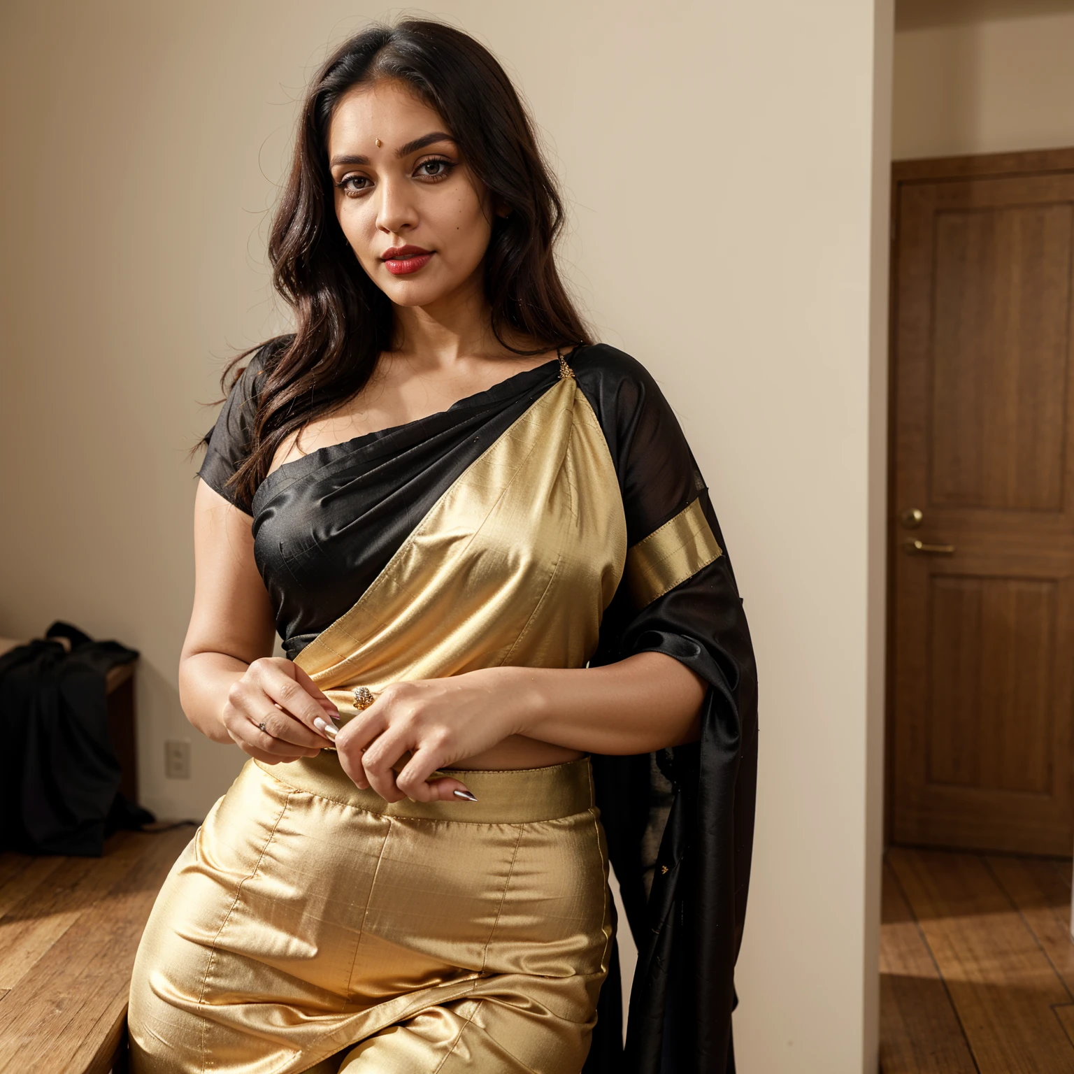 1 girl, front look, she is wearing a silk black saree, front face, close lips, red lips, light cleaves, healthy skin, indianwoman, detailed eyes, indoor drowing room, cowboy_shot, softcore milf, masterpiece, highres, 38 years old woman, 3 woman, curvy model,curvy front cover in clothes, beautiful woman, beautiful hands and full detail. full detail all fingers very accurate