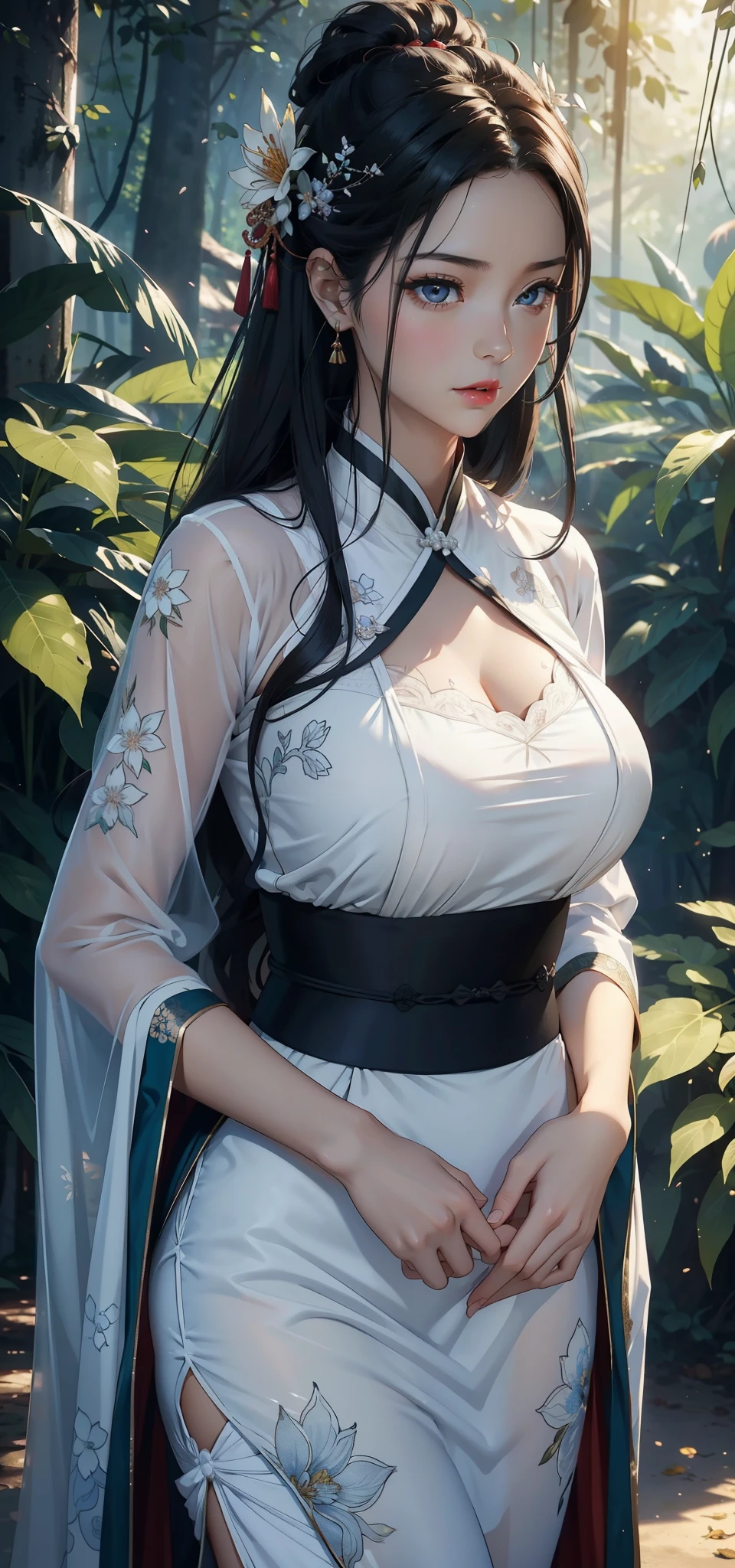 in the forest、near the lake、young woman、、Wearing a floral dress、The whole body is shown、smile、Black Hair、bangs、Long Hair、Big Breasts、Perfect proportions、Second dimension beautiful girl