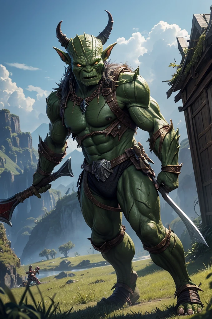 8K,1 Goblin knight with small green skin and armor,(realistic representation)Goblin has a crude axe、Goblin in metal armor,Has a large metal shield,Dragon Fantasy Goblin Dragon Fantasy Goblin、goblin art、Medium portrait of a goblin、orc themed、goblin portrait、super detailed fantasy characters、Humanoid Creatures、creature concept art、concept creature character art、oak on vines、Ultra-realistic fantasy monsters、Gollum as a titan、weak goblin,超A high resolution,super precise goblin,A hyper-realistic,Fantasyart,small monster,real looking skin,Lifelike texture,,Large number of people,weak,ferocious,attack in groups,bloodshot eyes,Bloody body,dirty green goblin,Metal chest armor,