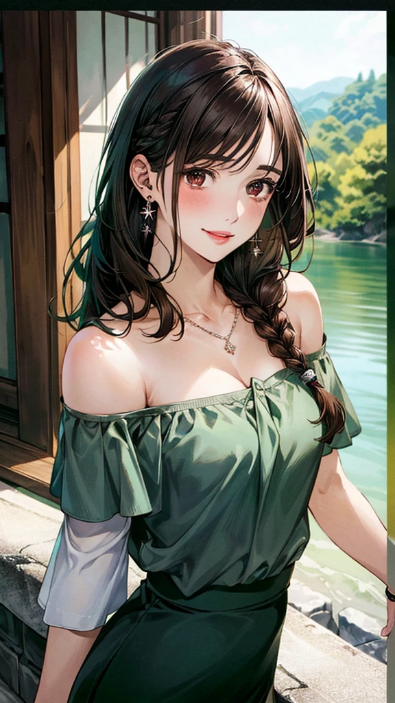 (masterpiece:1.3, Highest quality, Ultra-high resolution, Super detailed), (Realistic, photoRealistic:1.4), Beautiful illustrations, Perfect lighting, colorful, Depth of written boundary, Beautiful detailed hair, Beautifully detailed face, Beautiful fine details, Droopy eyes、Beautiful clavicle, Beautiful body, 美しいLarge Breasts, Beautiful thighs, Beautiful feet, Beautiful fingers, View Viewer、Front view:0.6, Beauty1人, Japanese, Beauty、30 years old, Perfect Face, (Perfect Anatomy, Anatomically correct), Cute and symmetrical face, Baby Face, , Shiny skin, (Dark green off-the-shoulder blouse:1.4), ((Wraparound skirt:1.5)) 、(Dark brown hair, Updo Hair:1.4), braided bangs、Dark brown eyes, Droopy eyes、Large Breasts, Slim body, necklace, Small earrings, (Beautiful views), (noon), Riverbank、A soft smile、(Smile, Lips parted),