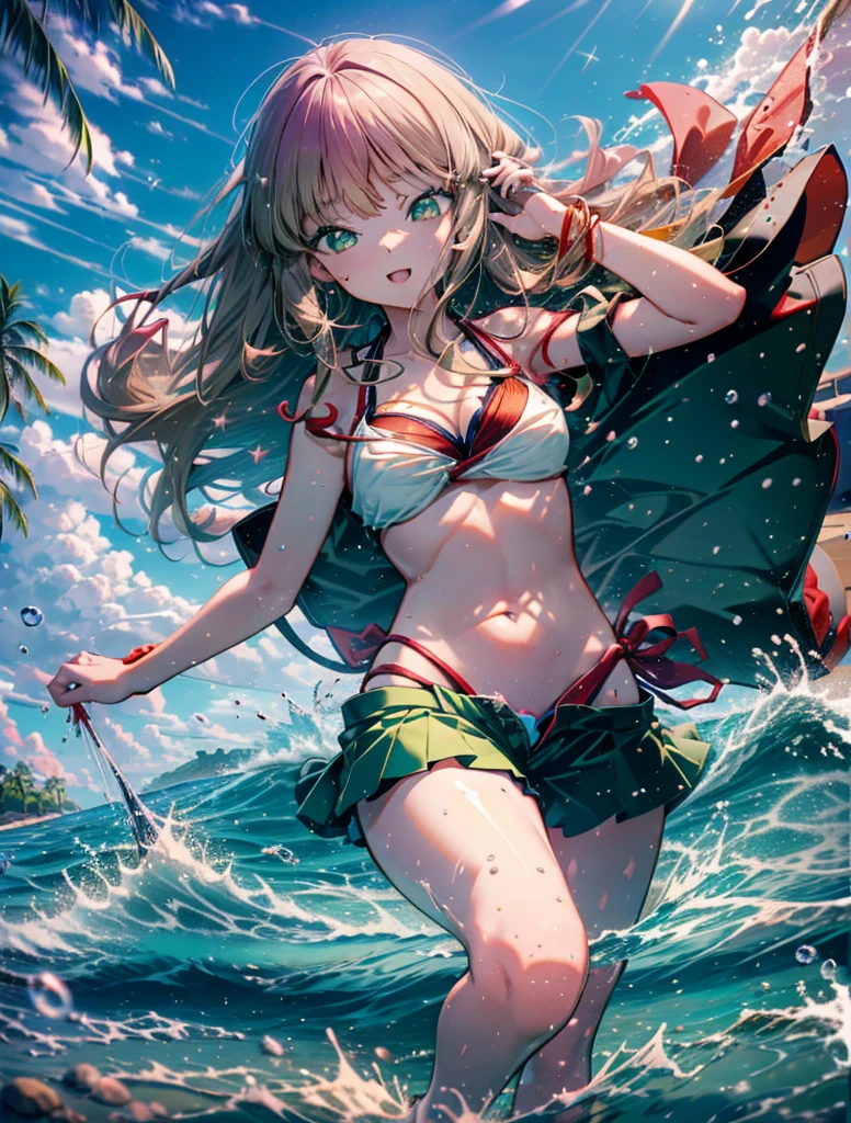 minami yume ,sss Dynazenon ,Long Hair, Brown Hair, (Green Eyes:1.5) ,Long braids,happy smile, smile, Open your mouth,belly button,Red Bikini Swimsuit,barefoot,red belly dancer,pararel, A bright red blanket is wrapped around his waist...,(Beach salon),  Big Breasts,((salon)), Beach outfit,Real Summer,Palm tree,whole bodyがイラストに入るように,
break outdoors, Beach,
break looking at viewer, whole body,
break (masterpiece:1.2), Highest quality, High resolution, unity 8k wallpaper, (shape:0.8), (Beautiful and beautiful eyes:1.6), Highly detailed face, Perfect lighting, Highly detailed CG, (Perfect hands, Perfect Anatomy),