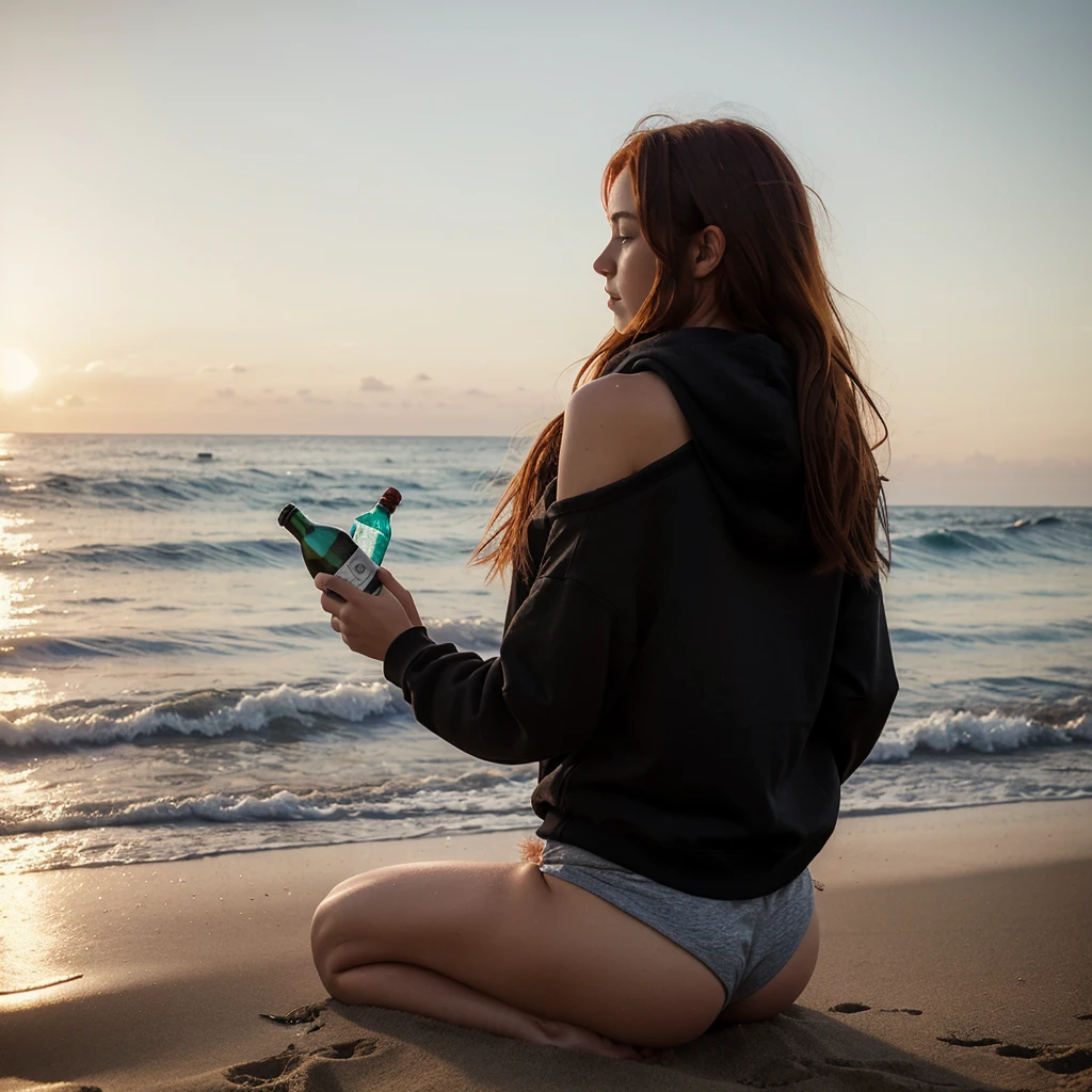 (((Masterpiece))), 25-year-old Caucasian French girl with shoulder-length messy red hair, adorned with crystal glow, blooming hair akin to . Certainly!
A silhouette of a girl standing with her back to the camera.she is sitting on the beach, in front of her there is the sea, there is sunrise, there is a bottle of wine next to her, wearing a hoodie, black shorts,