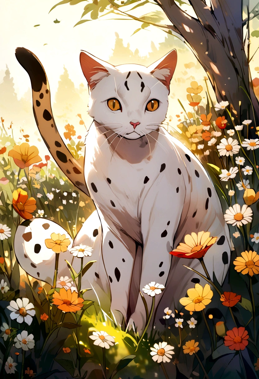 A white cat with brown spots is playing. In the meadow with flowers
