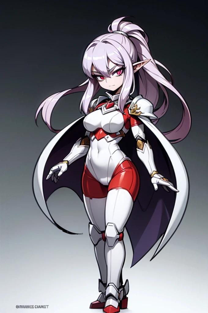 female elf knight, full body art, purple hair, white skin, red iris eye, knight full plate adorned armor, silver cape, perfectly detailed