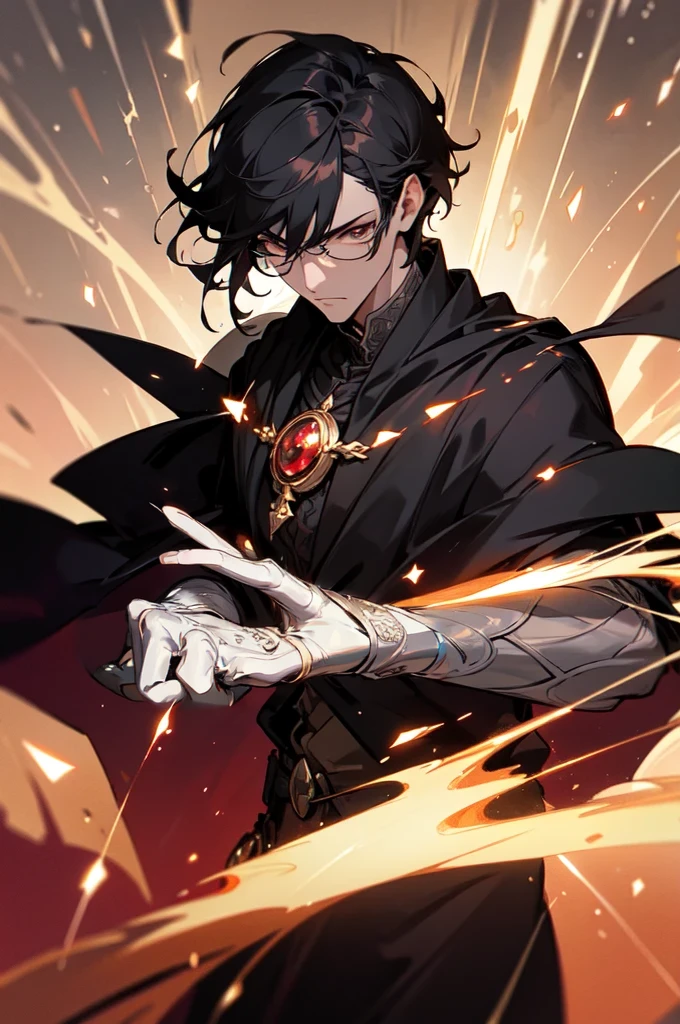 masterpiece, best quality, 1 male, young, tall muscular, handsome, finely detailed eyes, intricate details, black hair, short hair, evil face, solo, upper body, detailed dark shadow background, detailed face, good sorcerer, color magical robes, determined expression, white color scheme, dark crimson light, glowing magical runes, realistic lighting, floating particles, sparks, surrounded by gold lightning red arcane symbols, corrupted by eldritch power, bloom, glasses, gloves