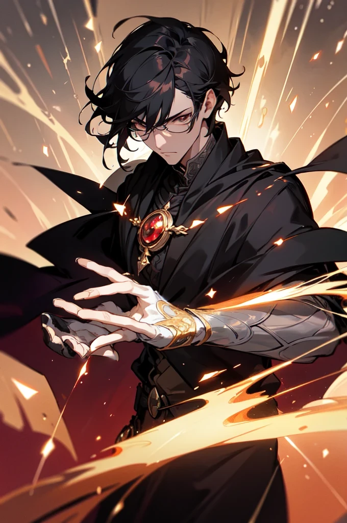 masterpiece, best quality, 1 male, young, tall muscular, handsome, finely detailed eyes, intricate details, black hair, short hair, evil face, solo, upper body, detailed dark shadow background, detailed face, good sorcerer, color magical robes, determined expression, white color scheme, dark crimson light, glowing magical runes, realistic lighting, floating particles, sparks, surrounded by gold lightning red arcane symbols, corrupted by eldritch power, bloom, glasses, gloves