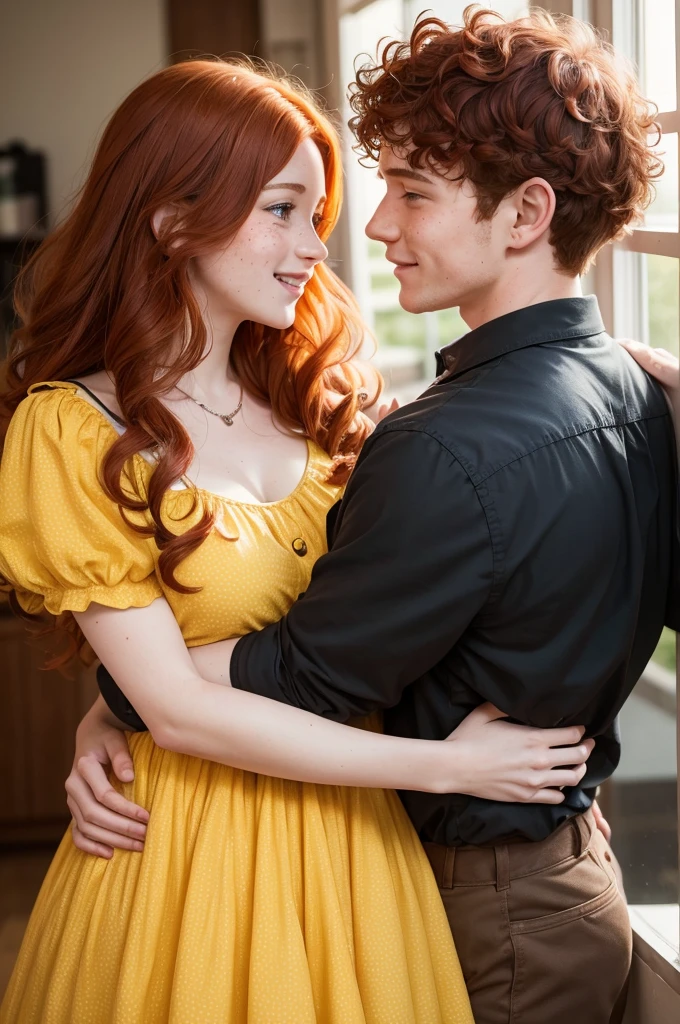 Photo of a couple very in love the boy is tall, with red hair, with lots of freckles on her face and with very curly brown hair, with a swirly yellow dress